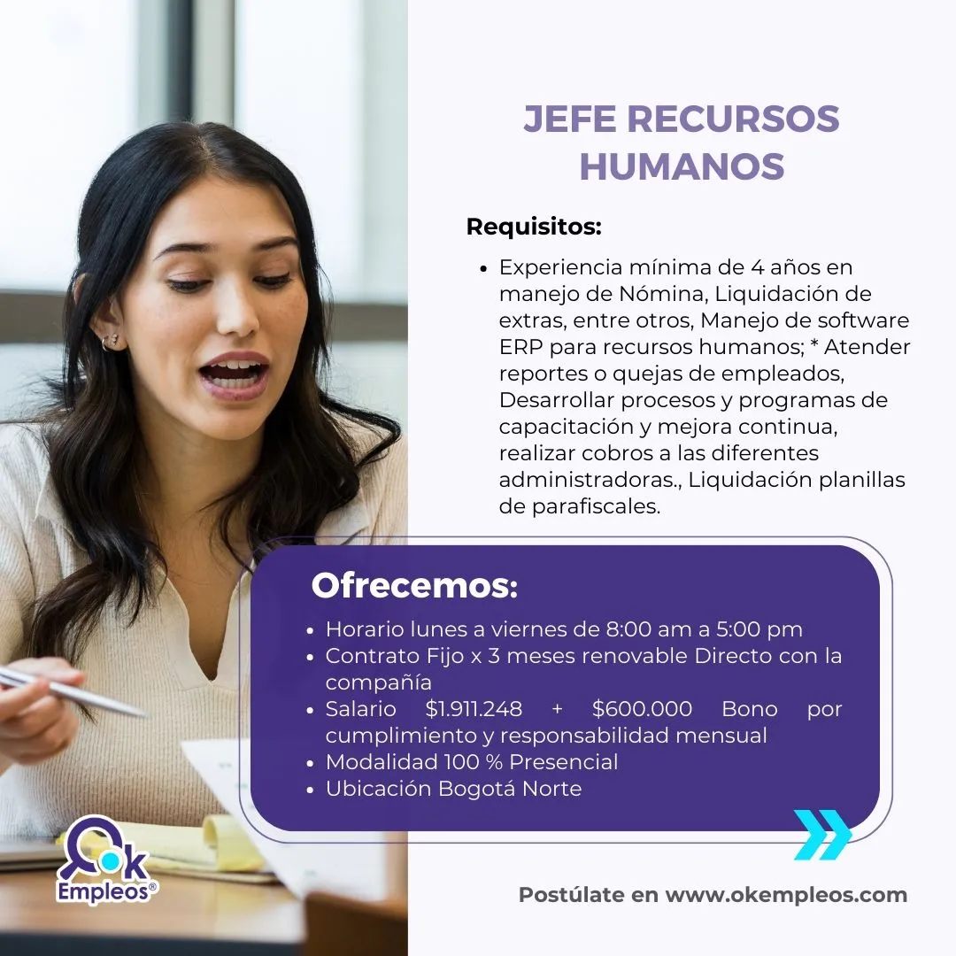 Pieza de la vacante Jefe de Recursos Humanos en Bogotá