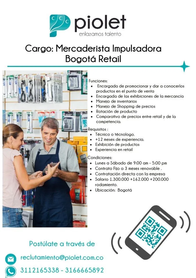 Pieza de la vacante Mercaderista Impulsadora Retail en Bogotá